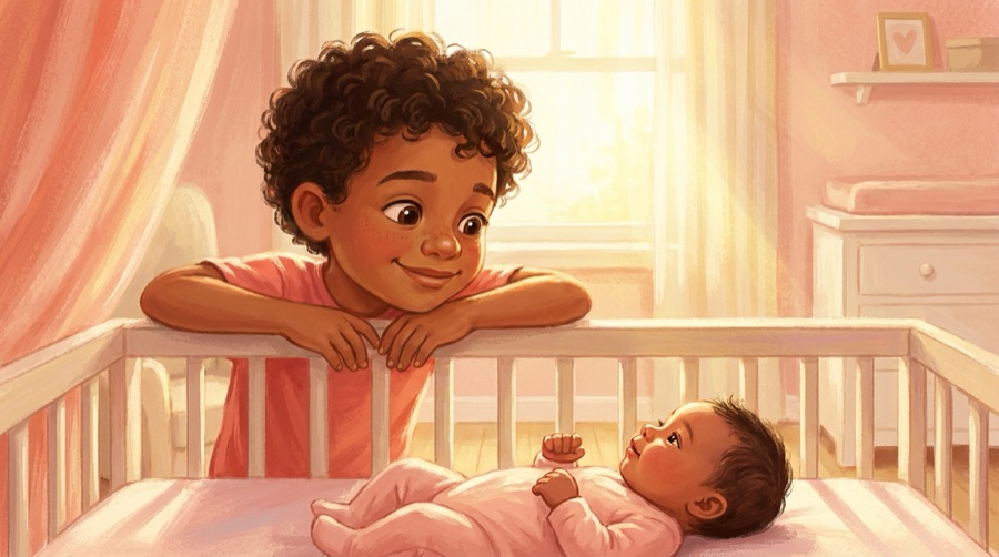 Illustration d'un enfant devenant grand frère ou grande sœur, exemple de livre pour naissance