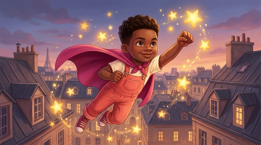 Illustration d'un enfant en super-héros, exemple de livre personnalisé